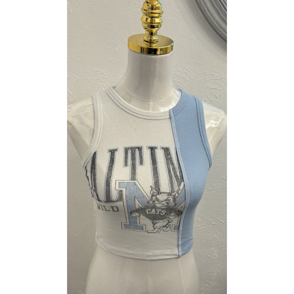 Hollister Women's Cropped Tank Top White/Blue Size XS Ribbed Cotton Blend